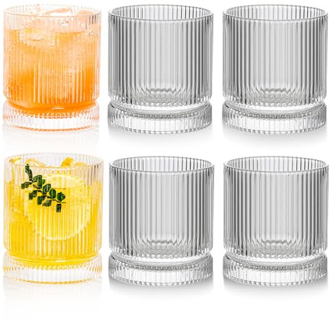 POLIDREAM Drinking Glasses Set of 6 Vintage Whiskey Glasses 13oz Embossed Glass Tumblers Cocktail Glasses Ribbed Water Glasses for Beer Juice Whiskey Cocktail Milk
