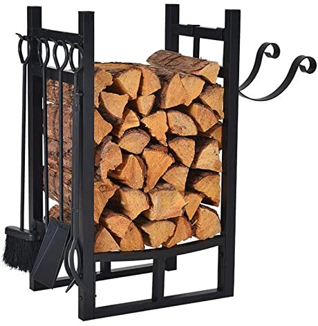 Soporte para leña con estante para encender fuego y juegos de herramientas, soporte resistente para troncos para patio/campamento, apilador de almacenamiento de leña para interiores y exteriores
