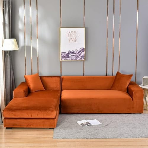 Odot Sofa Überzug,Sofabezug Ecksofa,Couch Überzug für 1/2/3/4 Sitzer,Frische Uni-Farben Sofa Überzug,Elastische sofabezug L Form rutschfest Sofaschoner,für Schmücken (4-Sitzer,Dunkel Orange)