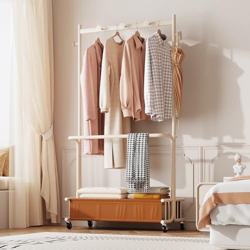Heavy Duty Double Rail Clothes Rack with Wheels, 80cm Wide Freestanding Garment Rack with Hooks and Storage Basket, 170cm Tall Coat Stand with Trousers rail for Long Dresses, Winter Coats (Beige)