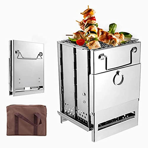 Portable Camping Charcoal Grill Barbecue Stainless Steel Folding BBQ Grill Wood Burning Stove with Storage Bag for Picnic Hiking BBQ Outdoor Cooking Backpacking Stove