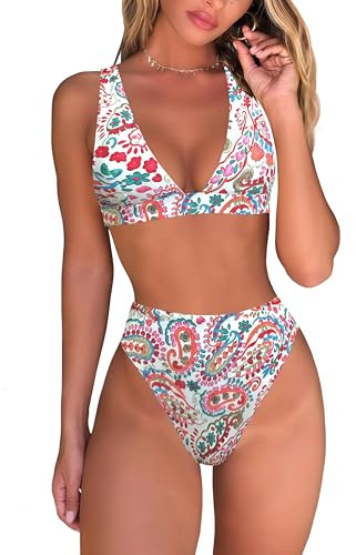 fatty tiger Maillot de bain 2 pièces sexy taille haute avec string et haut triangle brésilien et col en V profond pour femme, multicolore, Taille L