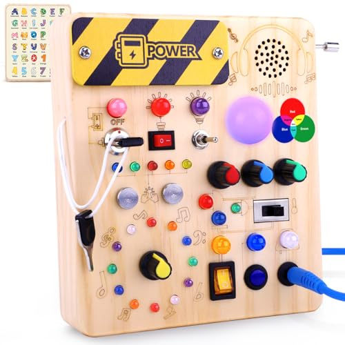 Konijiwa Toddler Toys Montessori Busy Board Wooden Toys for 1 2 3 Year old Boys Girls with 12 Switches and 27 LED Lights Switch Sensory Learning Gifts