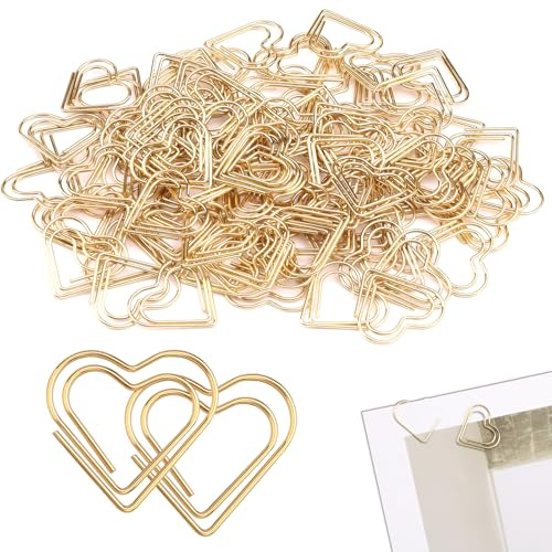 100 Stück Büroklammern Herz, Büroklammern Set, Klein Büroklammer für Büro, Schule, Klassenzimmer, Postkarten, Aktenklammer, 2,4 x 2,2 cm (Gold)