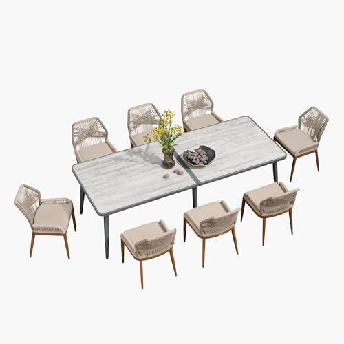 PURPLE LEAF Gartenmöbel Set 9-TLG PE Rattan Gartenmöbel Sitzgruppe Set 8 Stühle mit Tisch, Terrassenmöbel Außen, Esszimmer-Set für 8 Personen, Grau & Teak