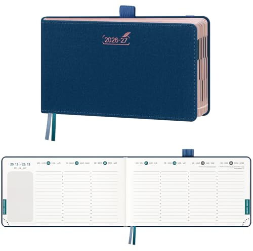 BEZEND Taschenkalender 2026 2027 Klein Querformat 1 Woche 2 Seiten ca. A6 | 16,5 x 9 cm, 18-Monate Kalender (Juli 26 - Dez 27), PU-Leder Hardcover, 80 GSM Papier, Rose Gold Papierkante, Preußisch Blau