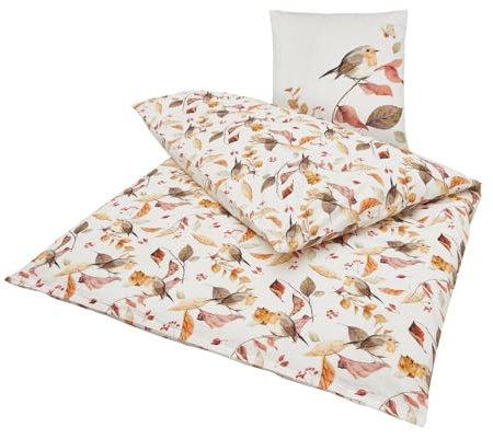 MF Aviora Vogelgarten Bettwäsche Set, Mehrfarbig mit Vogel- und Blättermotiv, Baumwolle, 135x200 cm Deckenbezug, 80x80 cm Kissenbezug, 2-teilig mit Reißverschluss