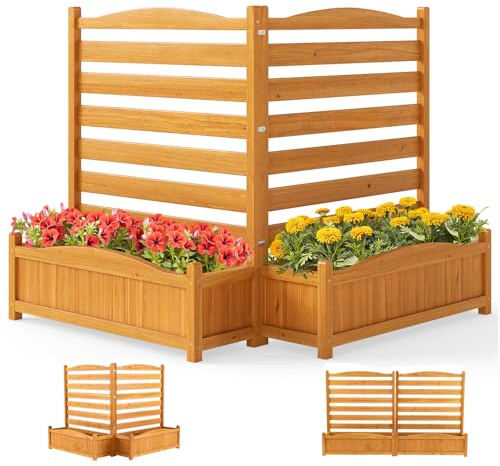 GOPLUS Jardinière Surélevée avec Bac à Fleurs en Bois, Clôture Décorative Brise Vue Jardin Pour Plantes Grimpantes avec Jardinières 85x28x101CM Autoportant avec Trous Drainage (2 Panneaux,Jaune)