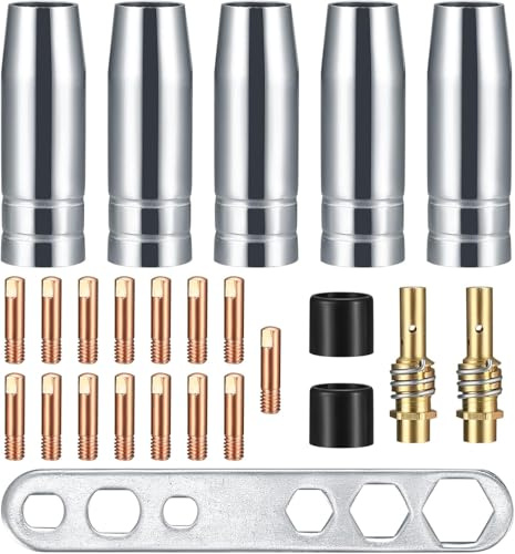 Nevoluxer 25 Stück Schweißzubehör Verschleißteile-Set, kompatibel mit AK-15/MB-15, 5 Gasdüsen, 15 Powerdüsen M6 0,8 mm, 2 Düsenstiele, 2 Isolatoren, 1 Schraubenschlüssel
