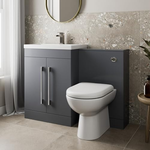 BAYSTONE® 1100mm Combination Vanity Unit Furniture Set, Grey Gloss | Wash Basin Bathroom Sink, BTW Toilet Pan & Soft Close Seat, Storage Cabinet, Reversible