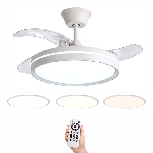 Ventilador de Techo Led 90W, Regulable en Intensidad y en Tono de Luz de Fria a Cálida, 3 Aspas Retráctiles, Mando a Distancia, Motor DC Ultra Silencioso, 6 Velocidades (Extra Flow)