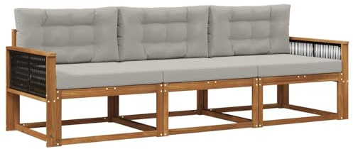 vidaXL Outdoor-Sofagarnitur mit Kissen 3 pcs Natur und Hellgrau, Akazienholz Sofa Set für draußen, modernes Loungemöbel, Flexibler Gartenplatz, wetterfeste Einrichtung