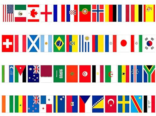 2026 W-M Fußball 48 Länder Flaggen Wimpelkette Fussball Fanartikel Atmosphäre Deko Bar Dekoration Party Garten Public Viewing Fahnen Kette String-Flags Aufhängen Flagge 48 Länder 20x28cm(17.5m)