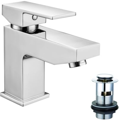 VeeBath MMR60 Margate Robinet mitigeur monobloc carré en laiton avec bouchon à ressort et bouton poussoir de vidage 1,27 cm BSP et tuyaux flexibles Chromé