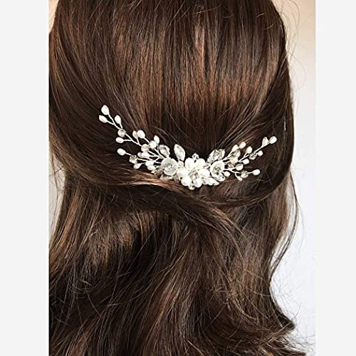 Fairvir Brautschmuck, Hochzeitshaarkamm, Blume, Silber, Strass, glitzernder Kristall-Kopfschmuck für Braut, Perlen-Haarschmuck für Damen und Mädchen