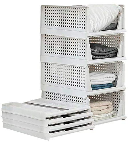 Folding Wardrobe Storage Box 4-Pack Plastic Drawer Organizer Stackable Shelf Baskets Cloth Closet Containers Bin Cubes ,Home Office Bedroom Laundry Fold Pull Out Drawer Dividers for Clothes,Toys