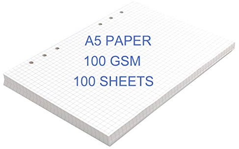 A5 Papier 6 Loch Kariert Nachfüllpapier DIN A5 Nachfülleinlagen 100 gsm Grid Paper Loose Leaf 100 Blätter / 200 Seiten für A5 6 Ring Binder Nachfüllbares Notizbuch Tagebuch Skizzenbuch Organizer