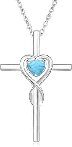 Damen Halskette mit Unendlichkeit Symbol Kreuz Anhänger Kette Infinity aus 925 Sterling Silber mit Synthetischer Türkis Edelstein Herz Form Dezember Geburtsstein - Verstellbar Kettenlänge: 40 + 5 cm