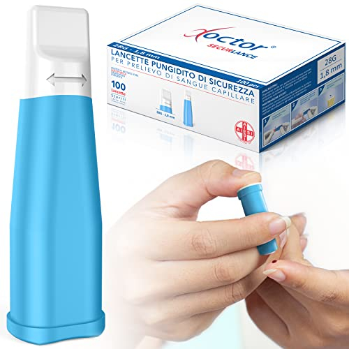 AIESI® Lancetas desechables estériles con sistema de seguridad y punta retráctil de acero inoxidable aguja 28G DOCTOR SECURLANCE (Paquete de 100 piezas)