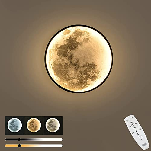 LED Mond Wandleuchte Kinderzimmer Dimmbar mit Fernbedienung 18W Runde Innen Wandlampe Kinder Nachttischlampe Mondlampe Nachtlampe Deko Wandbeleuchtung Modern Schlafzimmerlampe Flur Deckenleuchte,30cm