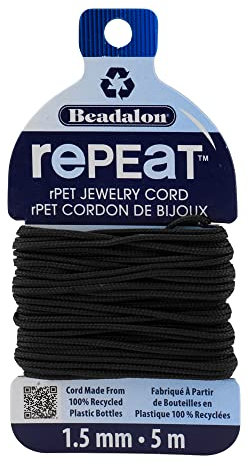 Beadalon Repeat, Cuerda Fina 100% plástico reciclado joyería pulsera, 1,5 mm, negro, 5 m