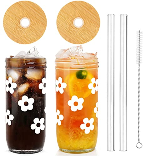 ANOTION Cute Glass Cups with Lids and Straws, Mason Jars with Flower Design, Bamboo Lid, Iced Coffee Cups Tumbler Drinking Glasses Travel Coffee Mug Perfect for Coffee, Smoothies
