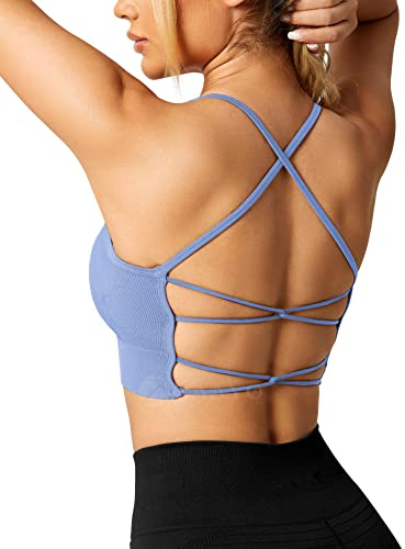 ZAAYO Damen Gym BH Gepolstert Crossback Fitness Sport Bra Abnehmbarer Brustpolster Yoga Tops Gestrickte Nahtlose Sportbekleidung Hellblau Large