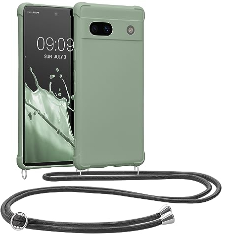 kwmobile Necklace Case kompatibel mit Google Pixel 7a Hülle - Cover mit Kordel zum Umhängen - Silikon Schutzhülle Graugrün