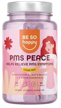 Gominolas para el Síndrome Premenstrual (PMS) sin Azúcar, Suplemento para el Equilibrio Hormonal con Sauzgatillo + Azafrán + Vitaminas B12 y B6, 60 gummies, Sabor a Mango, Vegano, BeSoHappy®