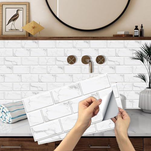 12 stück Fliesenaufkleber 15x30cm, BYLife Klebefliesen Vinyl Fliesen Selbstklebend Fliesenfolie PVC Metro Fliesen Küchenrückwand für Bad Küche