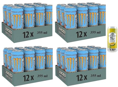 48er-Pack Monster Mango Loco Energy Drink,Erfrischender alkoholfreier Energiegetränk mit Exotischer Geschmack,355ml Einwegdose + 1er-Pack San Benedetto Eistee mit Zitrone Ohne Zucker 330ml Dose