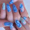 24pcs Medium Almond False Nails French Tip Stick-on Blue Flower Heart Press-on Checkerboard Removable Glue-on Full Cover Fake Valentines Day Women Brides Nail Art Accessories