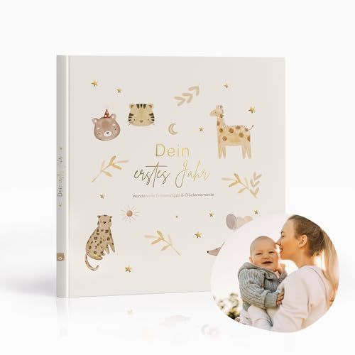 MeinBaby123® Babyalbum Dein erstes Jahr hochwertig vergoldet mit 136 Ausfüllseiten | Geschenk zur Geburt, Babygeschenke, | Babytagebuch zum ausfüllen für Meilensteine im 1. Lebensjahr(boho beige)