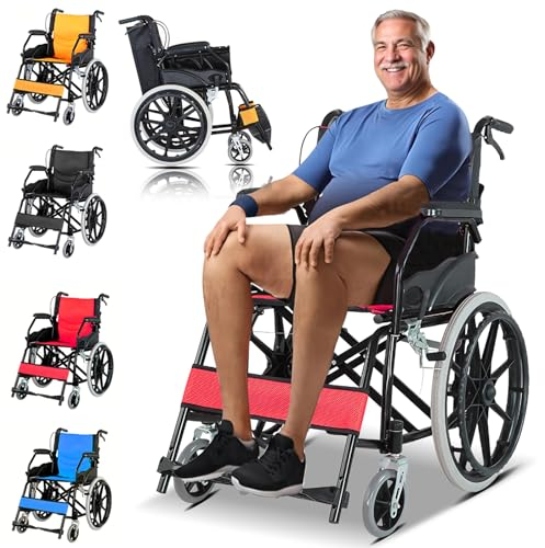 Bueuwe Faltbarer Rollstuhl, 150 kg Tragfähigkeit, Rot, Leicht, Kohlenstoffstahlrahmen, PU-Räder, 44,5 cm Sitzbreite, Trommelbremse