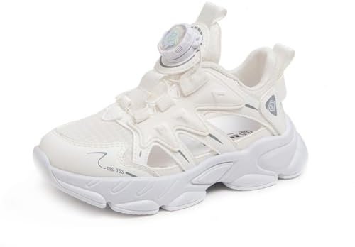 Sixfox Kinderschuhe Atmungsaktiv Jungen Sportschuhe Mädchen Turnschuhe Laufschuhe mit Drehknopf und rutschfest Leicht Halle Sohle SQ-10Weiß30