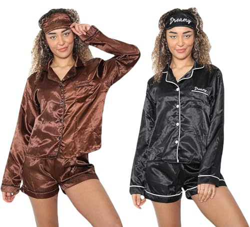 True Face Womens Pyjamas Ladies Satin Pyjama Set Women Pjs Shorts Nighty Sleepwear Long Sleeve Button-Down Shirt Girls Nightwear Loungewear Top Bottom Brown/Black 2 Pack L
