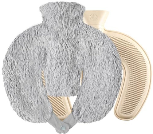 Neck and Shoulder Hot Water Bottle, U Shaped 1L with Removable & Washable Soft Plush Bottle Cover, Warm in Winter, Natural Rubber for Neck, Back, Waist (Black)