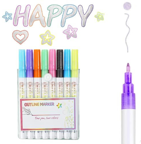 Outline Markers, 2024 Neuestes Outline Glitzer Zweizeiliger Wasserfester Stift, Zauberstifte Glitzerstifte für Geschenkkarten DIY Karte Gästebuch Grußkarten Graffiti Kunst (8 Farbe)