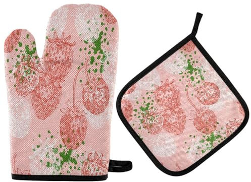 extra weiche Ofenhandschuh Erdbeeren rosa Muster Atmungsaktiv Topflappen und Untersetzer im Set für Küche Backen