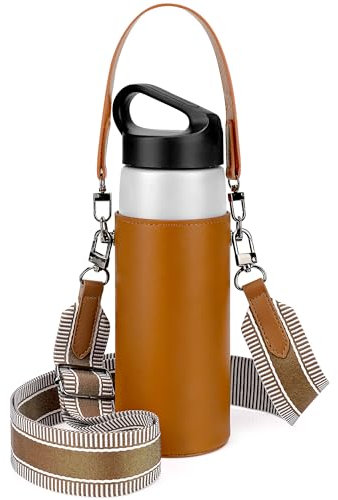 Linkidea Vegan Leather Water Bottle Carrier with Strap Compatible with CamelBak Carry Cap, Waterbottle Sling Bag Holder with Adjustable Shoulder Strap, Brown