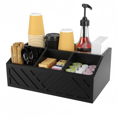 Punorric Coffee Station Organizer 5 Compartments Wooden Coffee Bar Accessories Organizer, Black Condiment Tray for Pods Syrup and Tea Bag Storage, Tea Station for Office or Kitchen Countertop