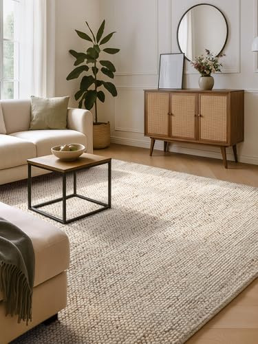 Villeroy & Boch Bouclé Teppich Peas - Handgemacht & Natürlich, Wollteppich, Juteteppich für Wohnzimmer, Schlafzimmer, Esszimmer, Naturfaser Wohnzimmerteppich, Skandi, Boho - Creme Beige, 80x150 cm