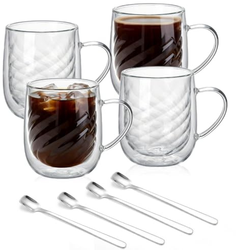 Lot de 4 Tasse Double Paroi Tasse à Café en Verre avec 4 Cuillères, 350ml Tasses à Expresso Transparent avec Poignée, Service a Cafe, Résistant à la Chaleur, Tasses à Latte pour Latte Cappuccino Café