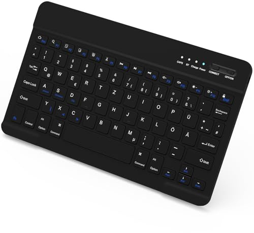 NEWCOO Kabellose Tastatur, Deutsche Mini Bluetooth Tastatur für iPad Air/Pro/Mini/iPhone/Samsung/Lenovo/Huawei/Tablet, Ultra Dünn Wiederaufladbar Tragbare, Kompatibel Windows, Android, IOS, Schwarz