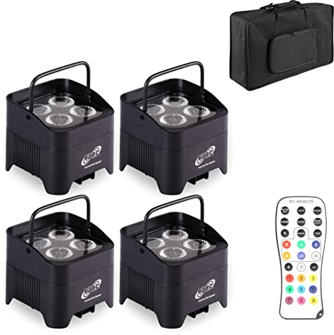 ETEC Professional 4x Akku LED Par Scheinwerfer E412 mit 4x12W RGBWA+UV WIRELESS DMX Set - Mit Transporttasche für Uplight, Floorspot, Party, DJ, Club, Event und Effektbeleuchtung