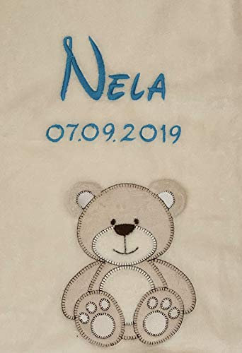 KIDDI-MEDIA Babydecke mit Name und Geburtsdatum Bestickt/kuschelig weich / 1A Qualität (Beige - Teddybär)