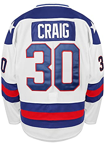 1980 Olympic Team Hockey Jack O'Callahan 21 Mike Eruzione Jim Craig Miracle On Eishockey Trikot, 30 Jim Craig White, L