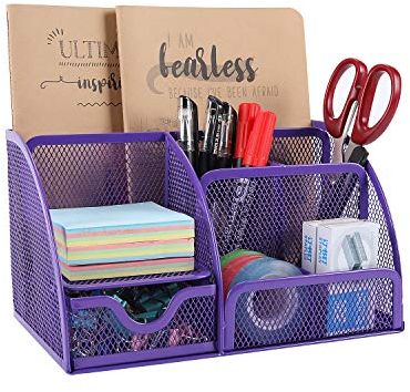 EasyPAG Office Mesh Desk Tidy Versatile Stationery Storage Desktop Organiser Pen Holder with Drawer,Purple