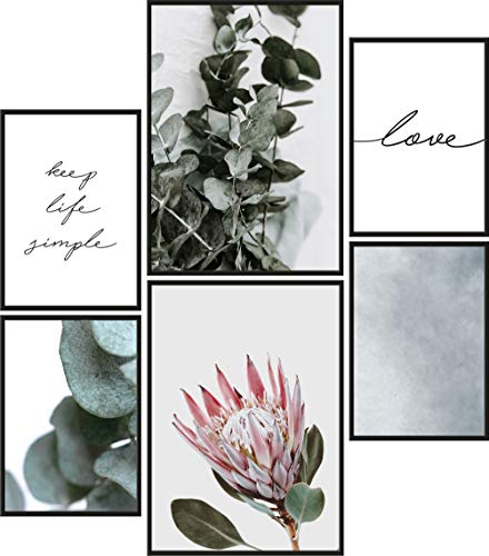 Papierschmiede® Mood Poster Set Eukalyptus dark, Bilder Wohnzimmer Deko Schlafzimmer, 2x DIN A4 und 4x DIN A5, Pflanze Grün Blätter Blüte - ohne Rahmen