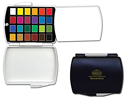 MIJELLO 87028 Mission Gold Aquarell-Kasten mit 1/2 Näpfchen, cadmiumfreie Künstler-Aquarellfarbe, 24 halbe Näpfchen je 1,2 ml Aquarell-Farbe, inkl. 1 Mischpalette